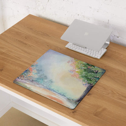 Watercolor forest landscape large gaming mouse pad with trees and misty sky