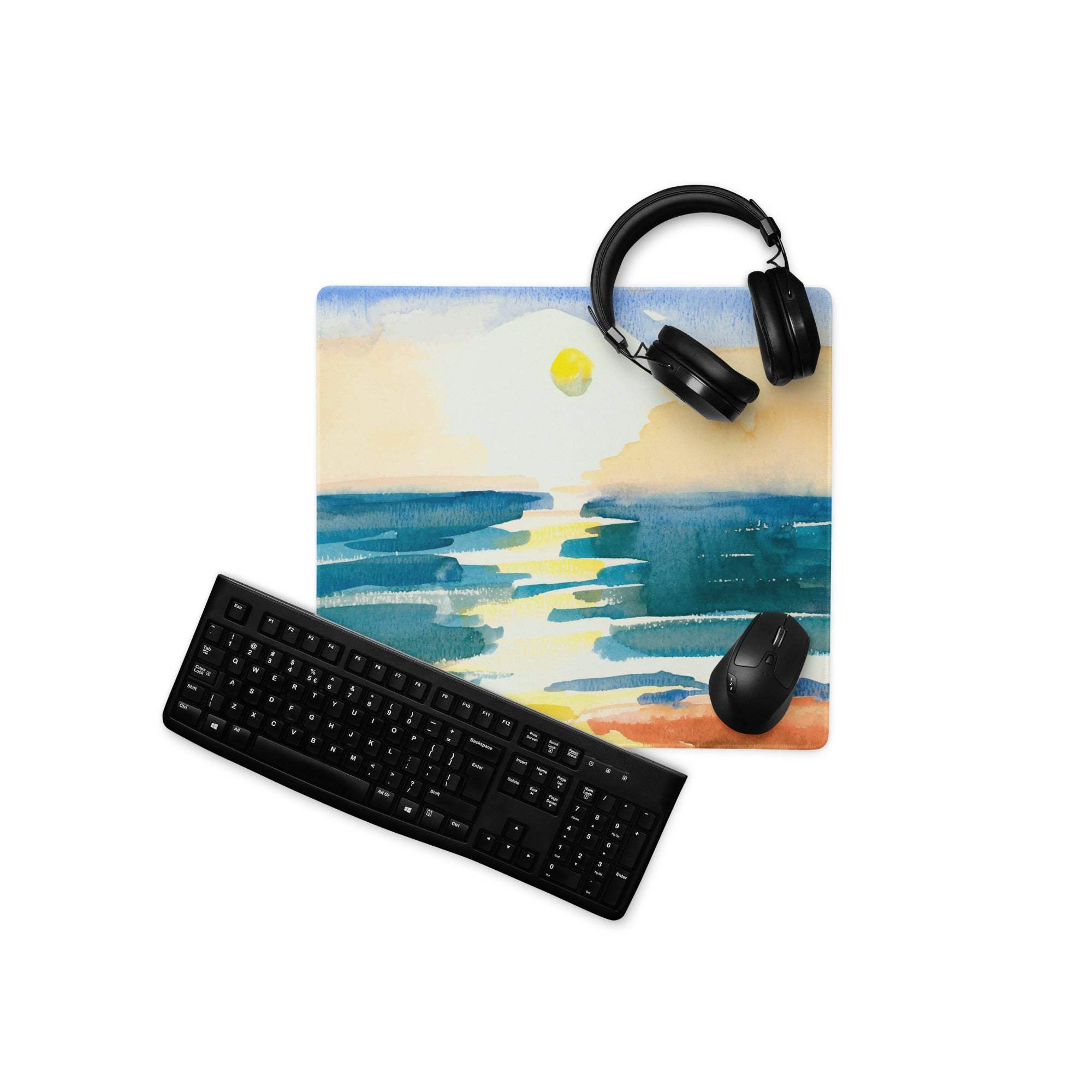 Large watercolor ocean sunset mouse pad in blues yellows oranges for gaming