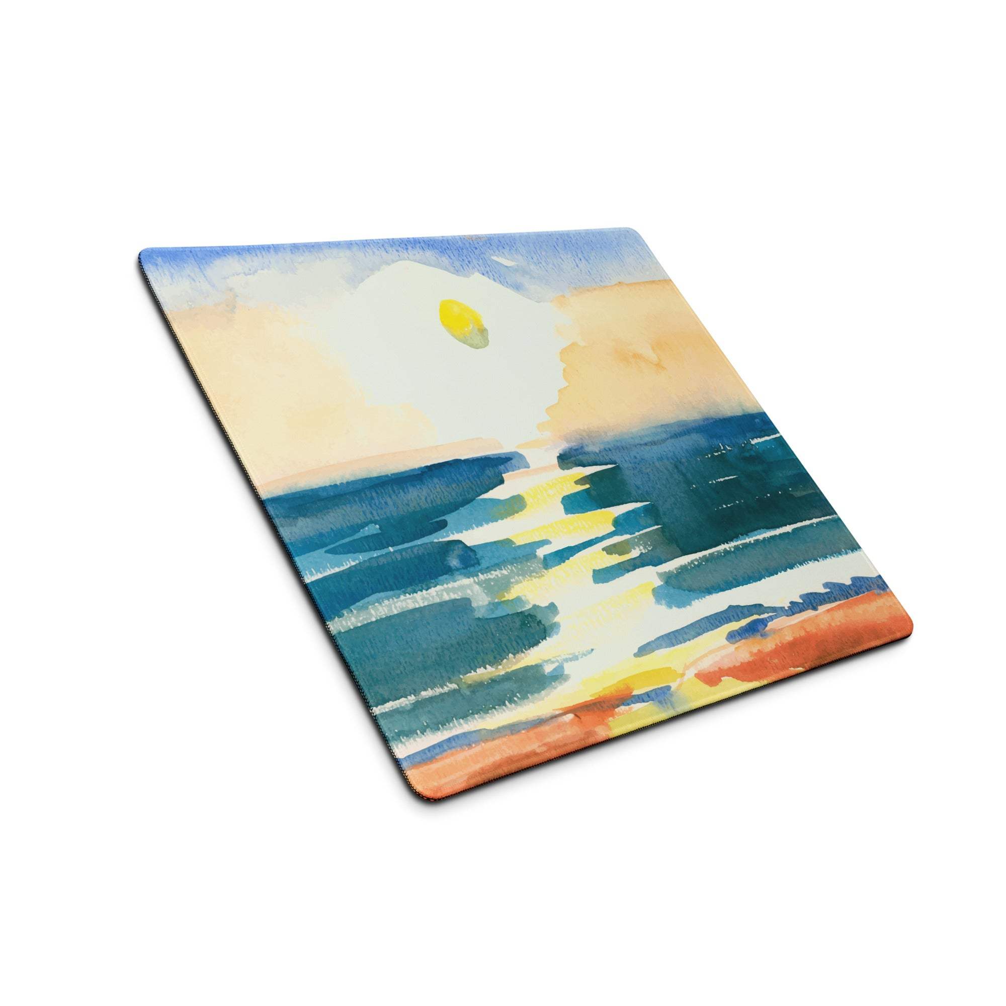 Square watercolor sunset ocean coaster in calm blues