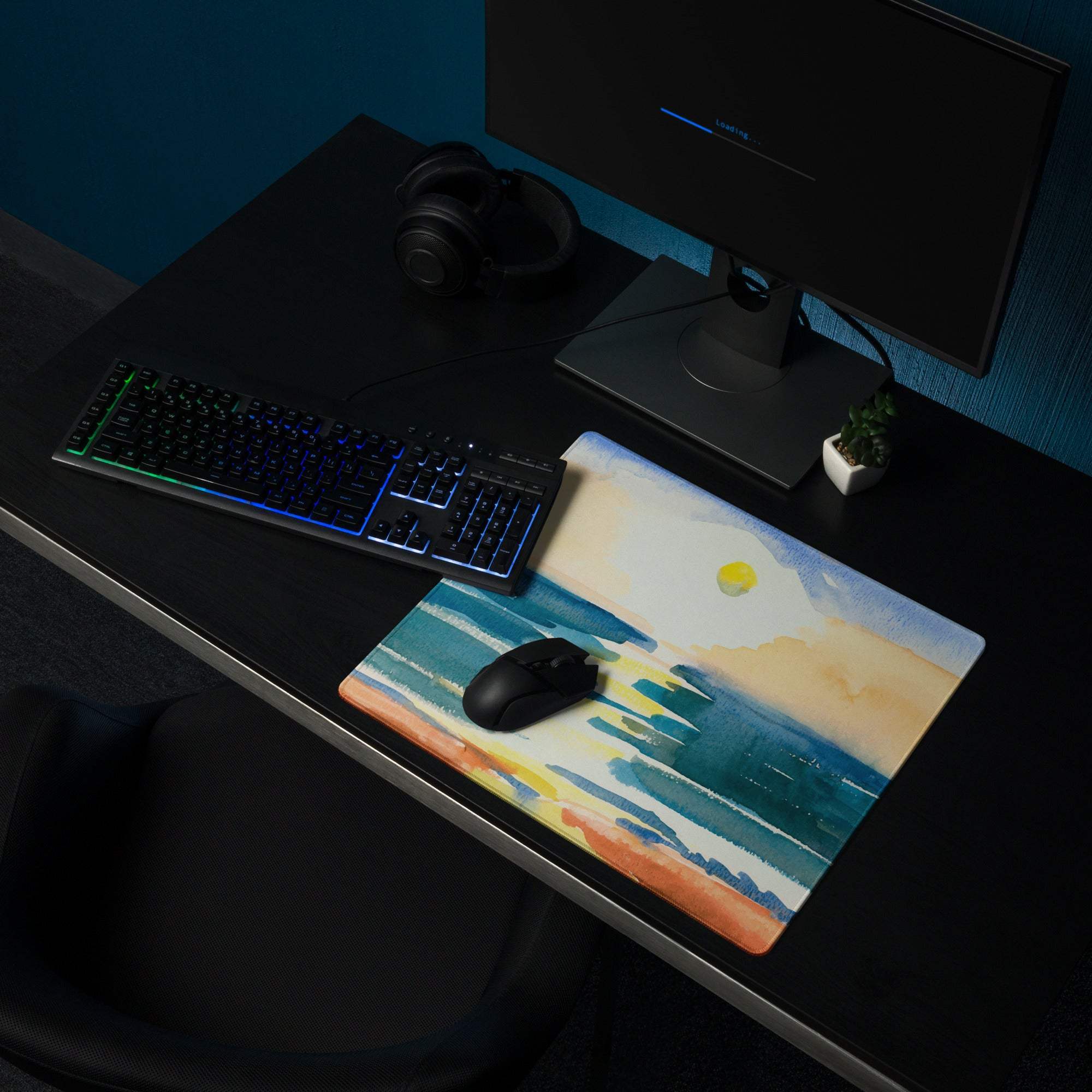 Large watercolor ocean sunset mousepad in blues oranges yellows non-slip stitching