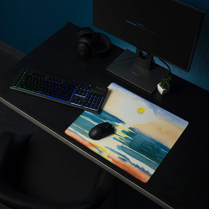 Large watercolor ocean sunset mousepad in blues oranges yellows non-slip stitching