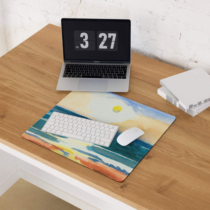 Large watercolor seascape mousepad with sunrise waves in orange yellow blue