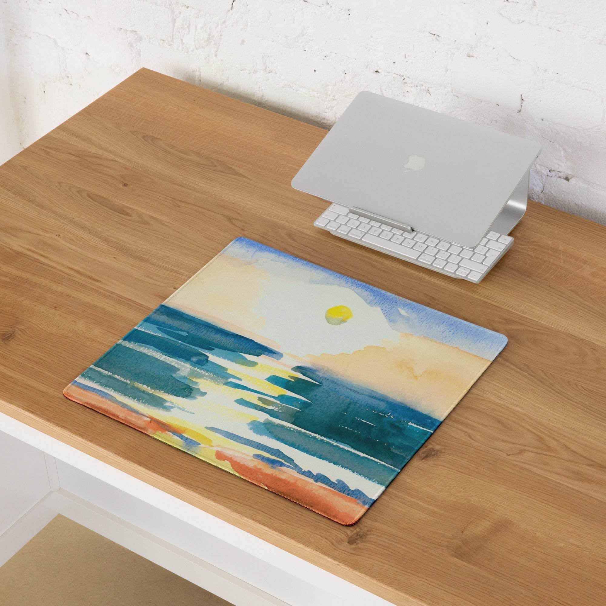 Large watercolor ocean sunset mouse pad in blues oranges yellows non-slip stitched