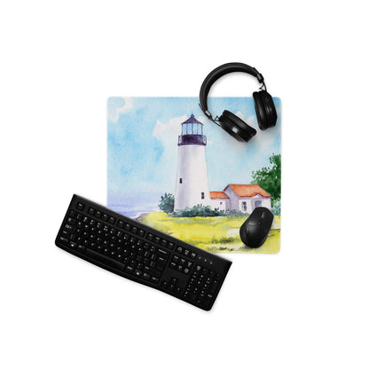 Watercolor lighthouse seascape gaming mouse pad with ocean blue tones