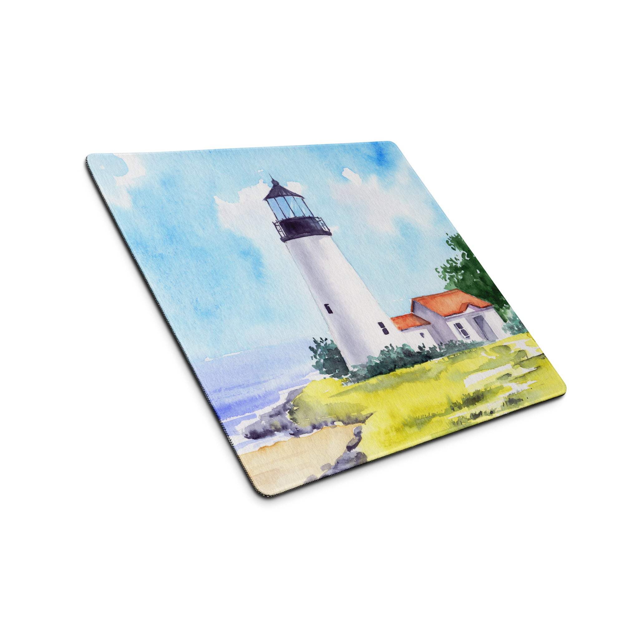 Watercolor lighthouse seascape gaming mouse pad with white lighthouse and ocean blue tones