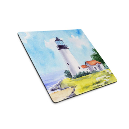Watercolor lighthouse seascape gaming mouse pad with white lighthouse and ocean blue tones