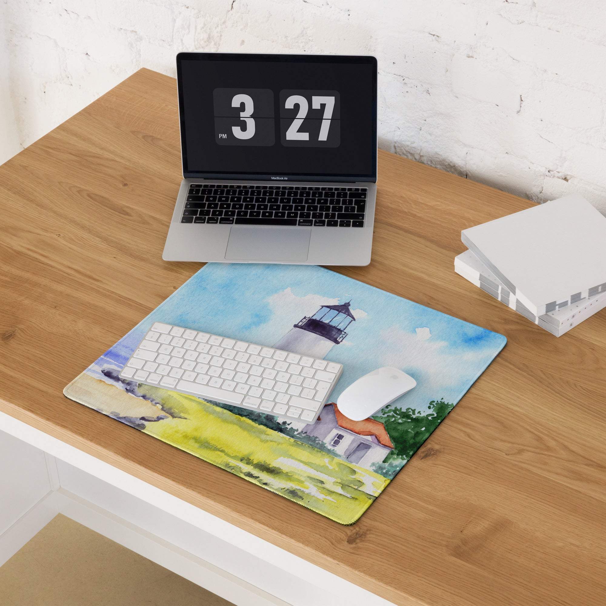 Watercolor lighthouse seascape gaming mouse pad in ocean blue pastel tones
