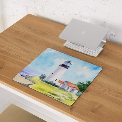 Watercolor lighthouse seascape gaming mouse pad with ocean blue tones