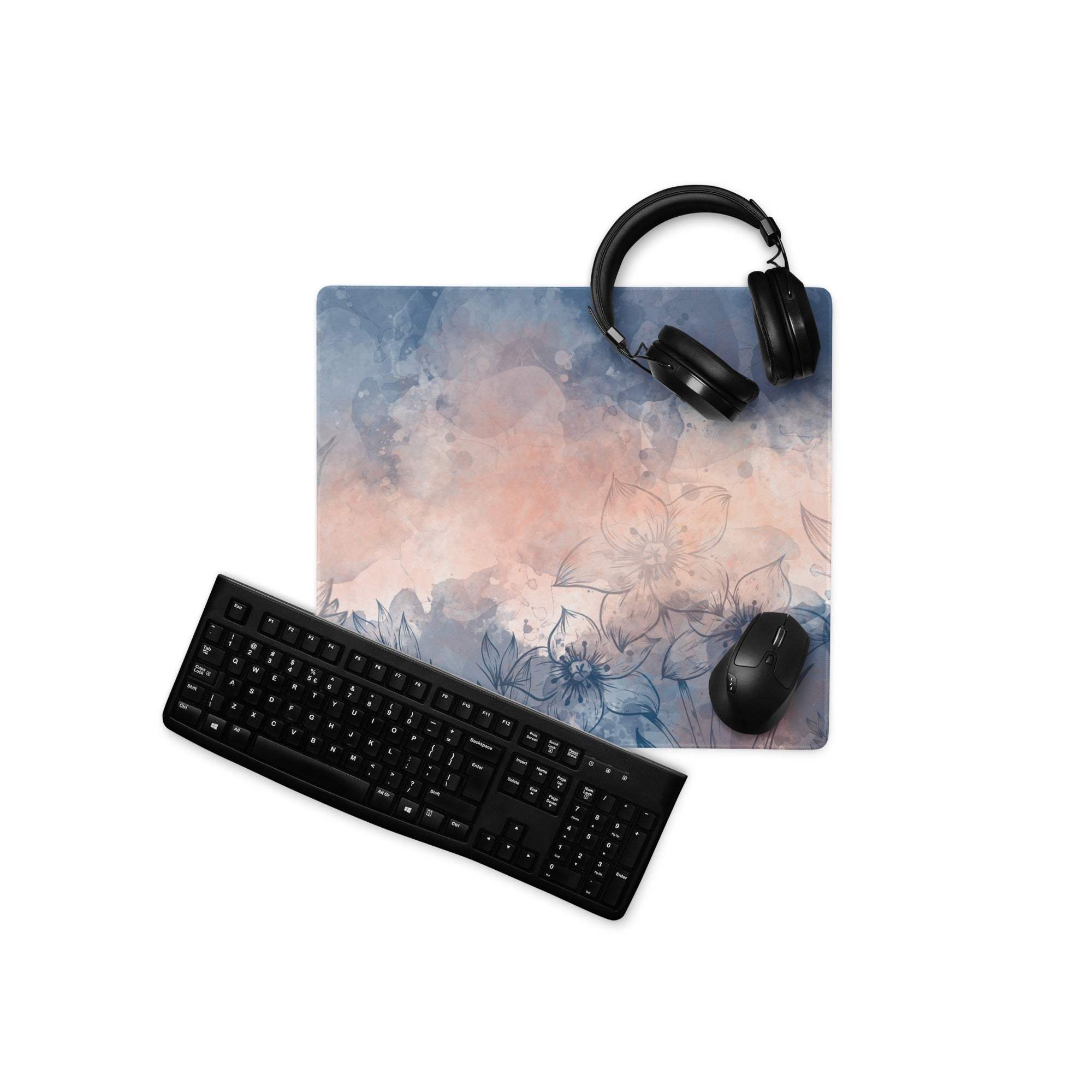 Floral abstract blue peach dream large gaming mouse pad with watercolor flowers