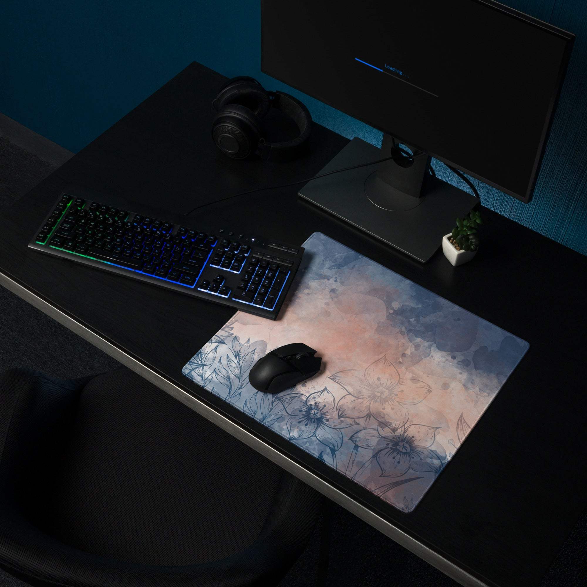 Floral watercolor pink blue mouse pad with non-slip backing