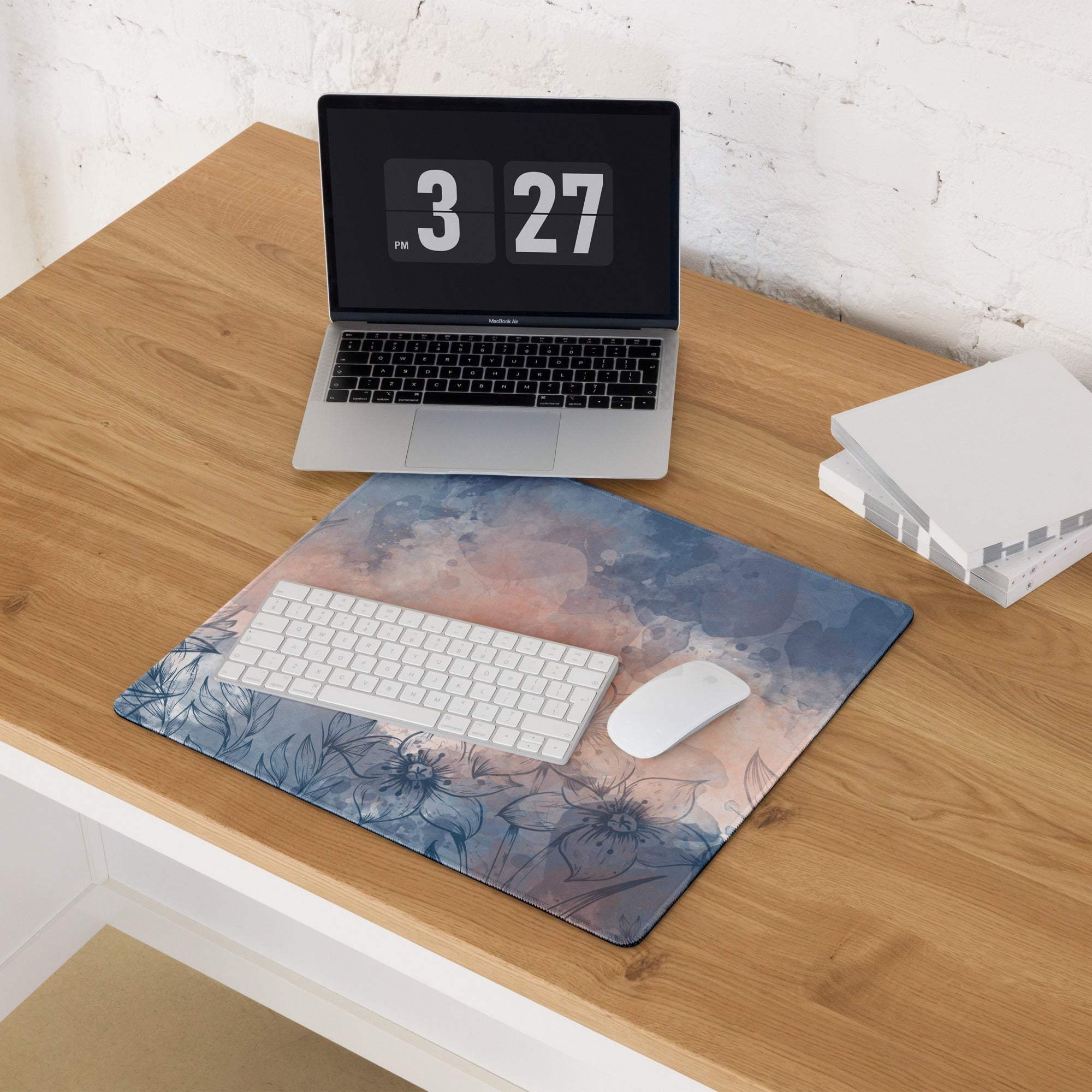 Floral abstract blue peach dream large gaming mouse pad with watercolor florals on wooden desk