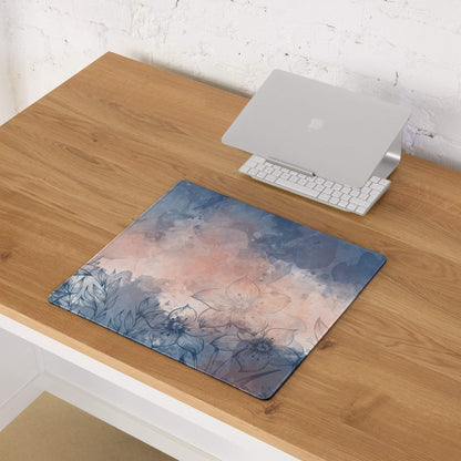 Blue pink watercolor floral mousepad with line-art flowers non-slip backing