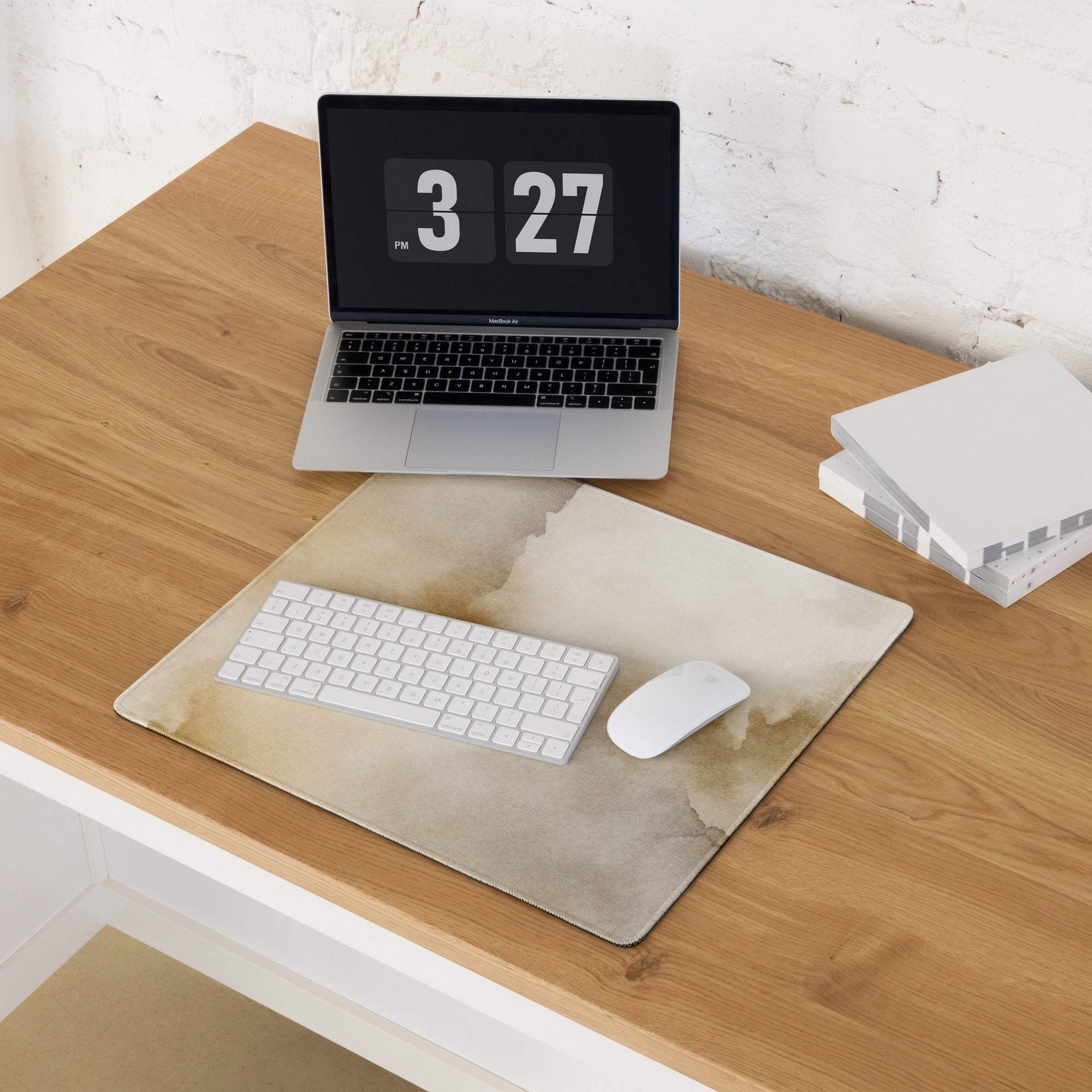 Beige watercolor abstract gaming mouse pad with non-slip base