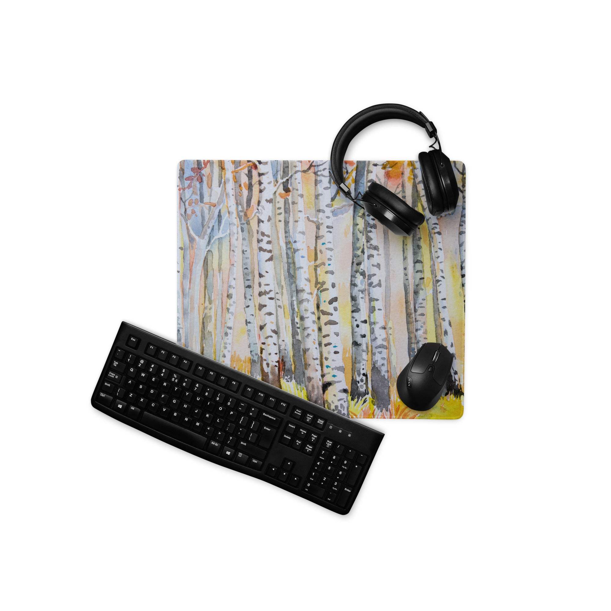 Watercolor birch forest pastel gaming mouse pad with non-slip surface