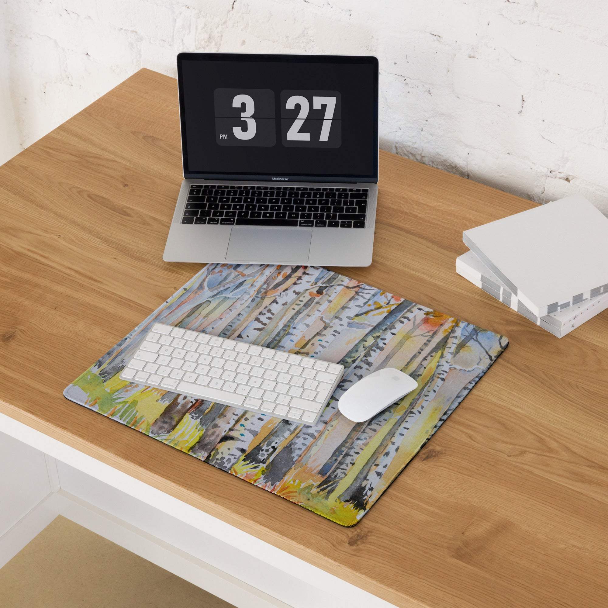 Watercolor birch forest pastel gaming mouse pad with non-slip surface