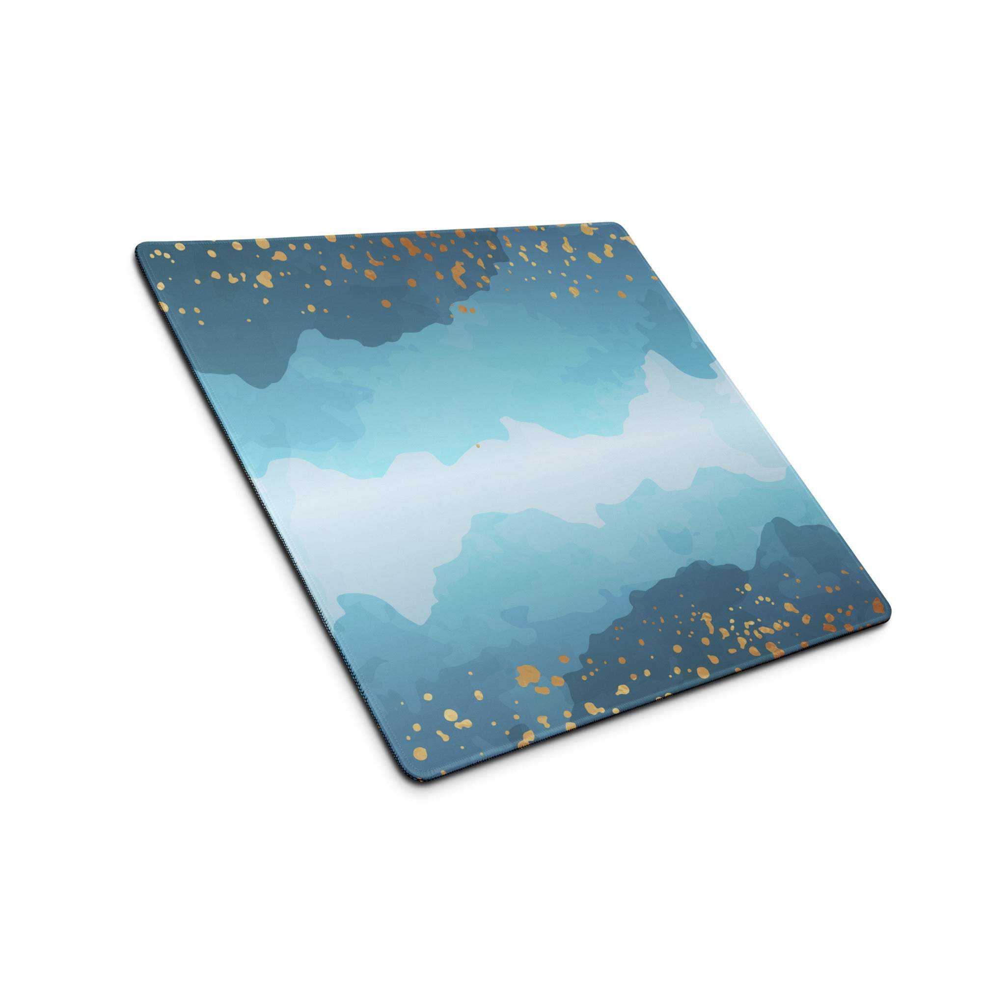 Blue gradient gaming mouse pad with gold splatter accents