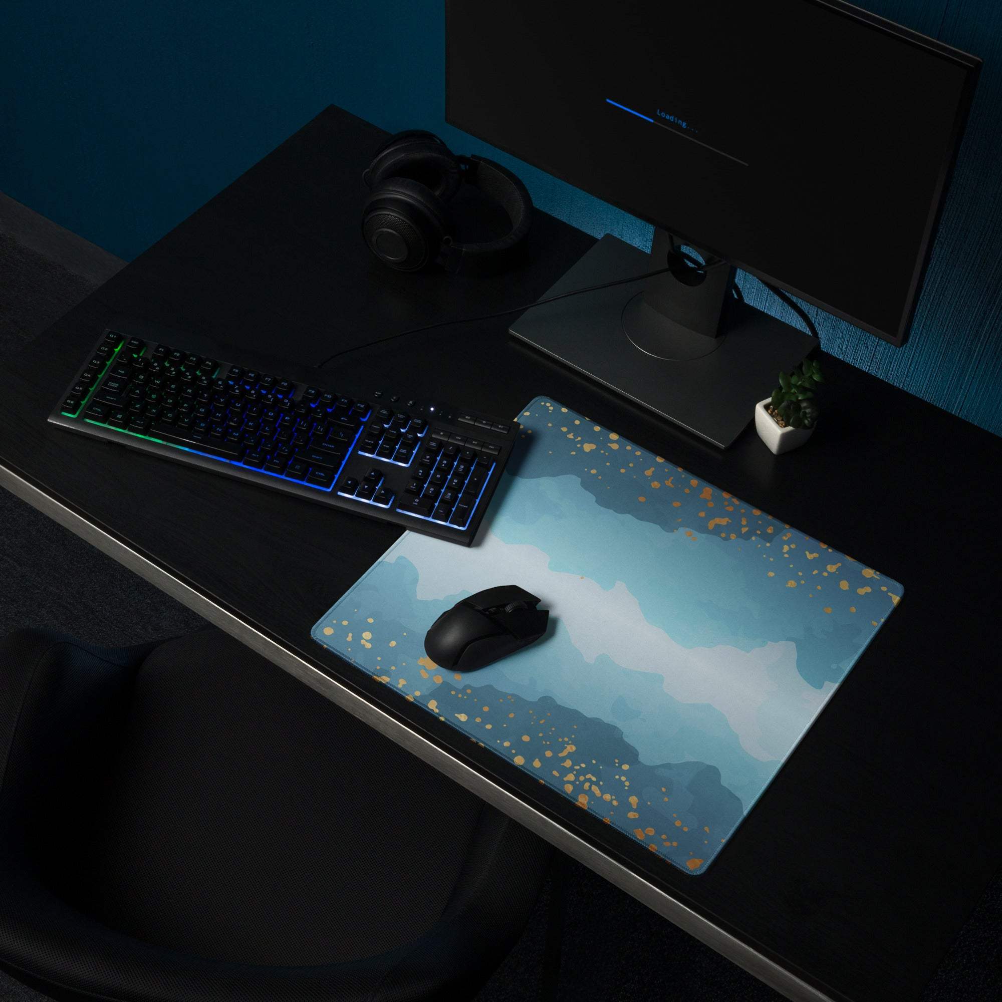 Blue white mountain landscape mousepad with gold speckles, oceanic gradient gaming pad