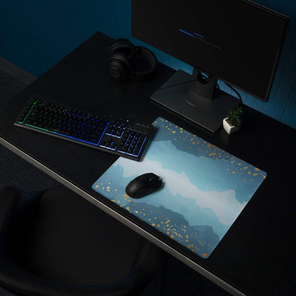 Blue white mountain landscape mousepad with gold speckles, oceanic gradient gaming pad