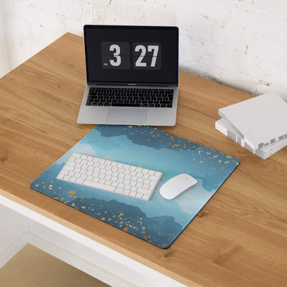 Blue gold abstract watercolor gaming mousepad with white keyboard mouse