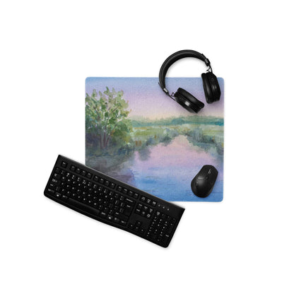 Large watercolor landscape pastel gaming mouse pad with trees, sky, water