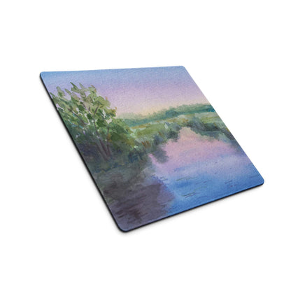 Square watercolor river dusk coaster on large pastel gaming mouse pad