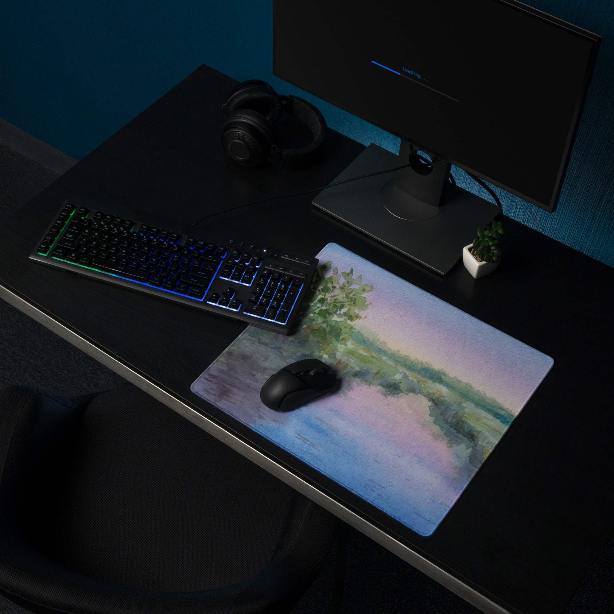 Large watercolor landscape pastel gaming mouse pad with foliage, sky, non-slip base
