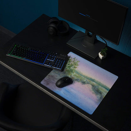 Large watercolor landscape pastel gaming mouse pad with foliage, sky, non-slip base
