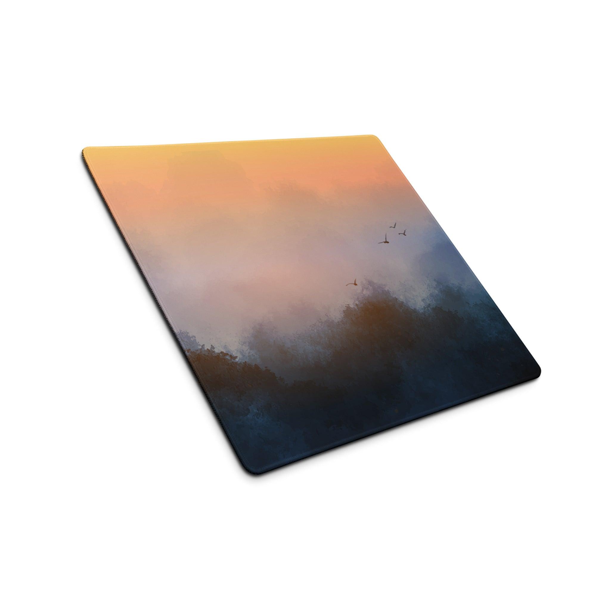 Large sunrise fog landscape gaming mouse pad with serene sunset scene