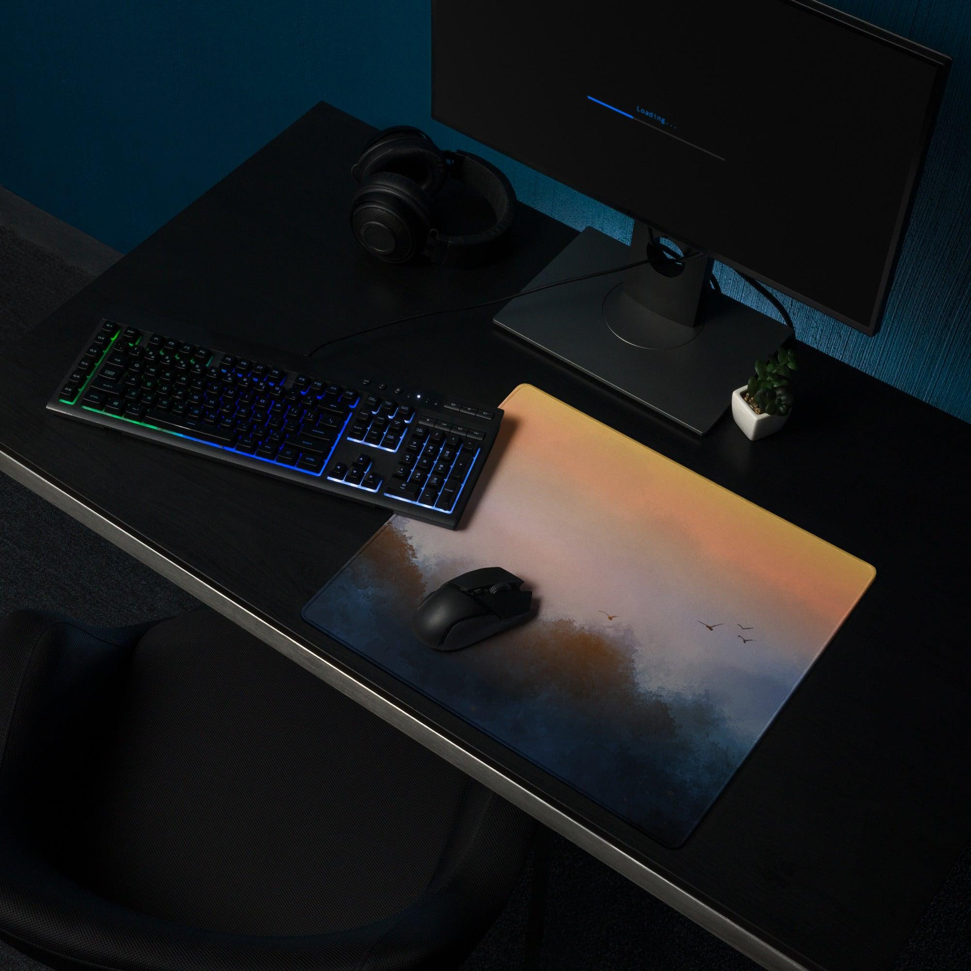 Large sunrise fog gaming mouse pad with sunset gradient, birds, non-slip base on desk