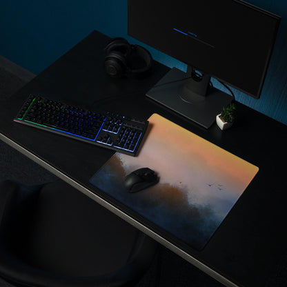 Large sunrise fog gaming mouse pad with sunset gradient, birds, non-slip base on desk