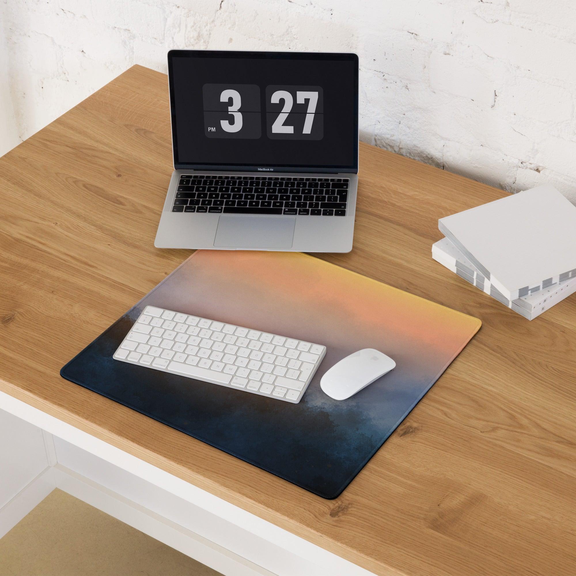Large sunrise fog gaming mouse pad with blue-to-orange gradient, non-slip base, stitching