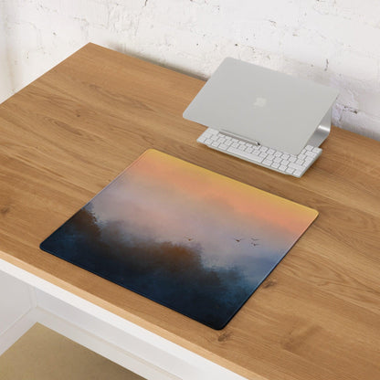 Large sunrise fog gaming mouse pad with sunset gradient, birds, non-slip base