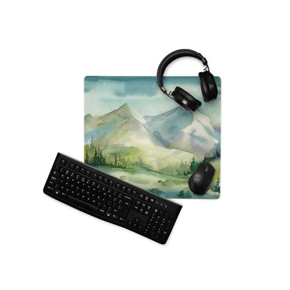 Watercolor mountain landscape large gaming mouse pad in teal, green, white