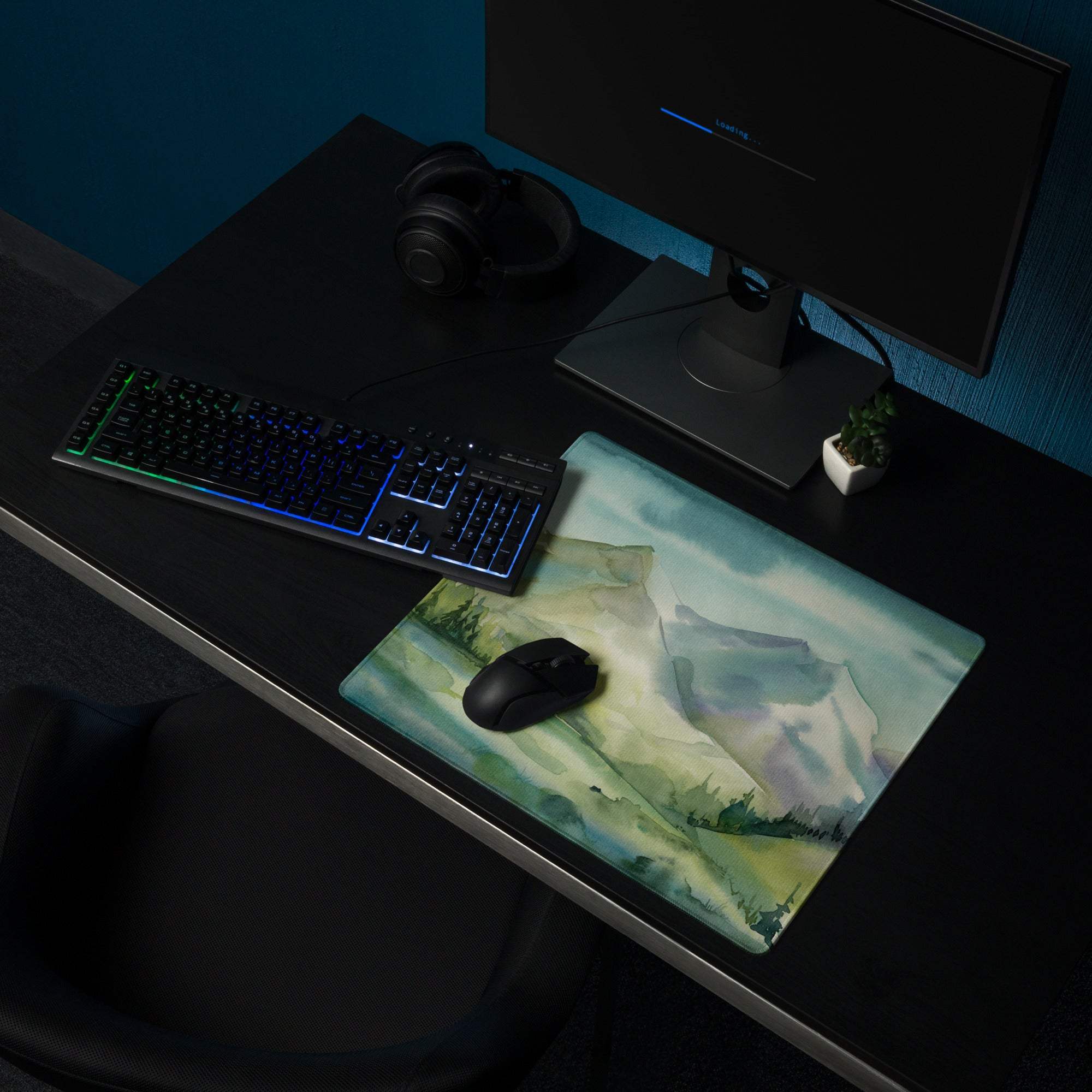 Watercolor mountain landscape large gaming mouse pad with non-slip base