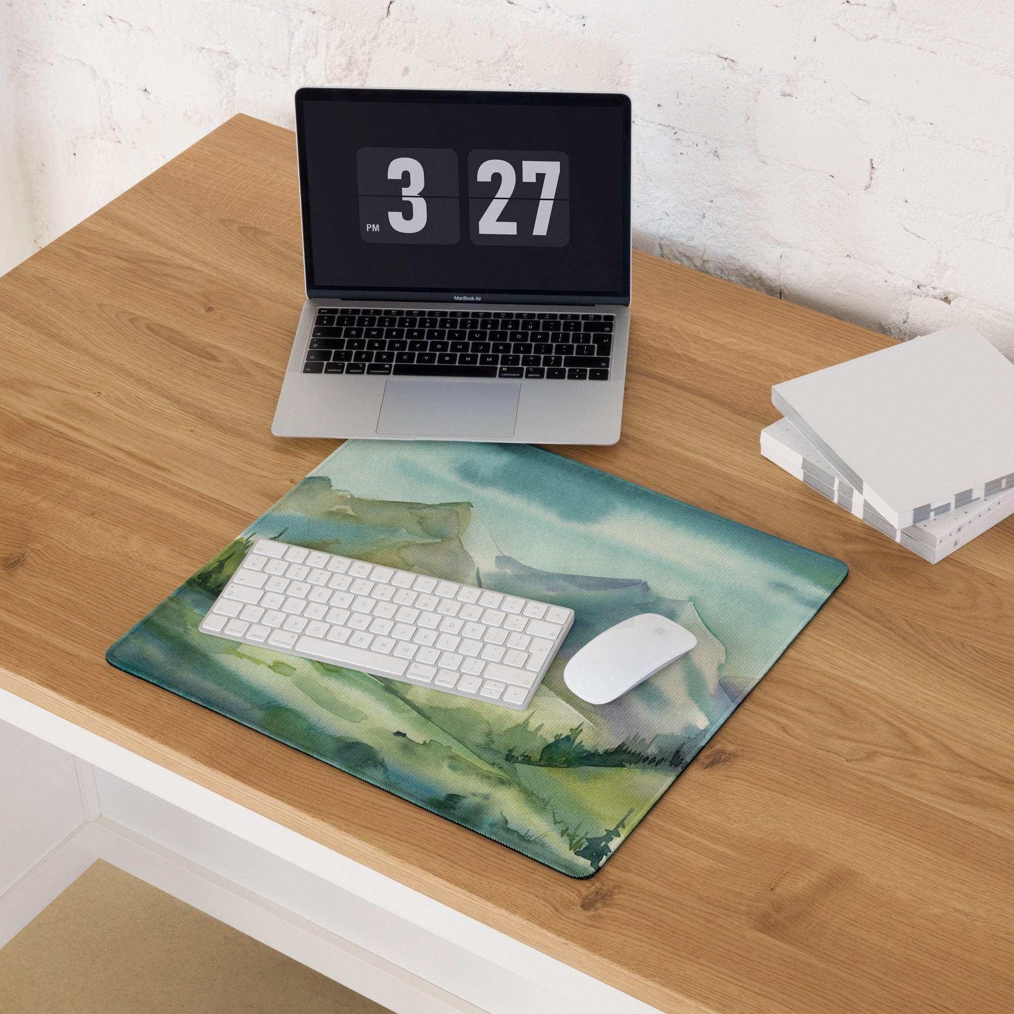 Watercolor mountain landscape large gaming mouse pad, green teal hills