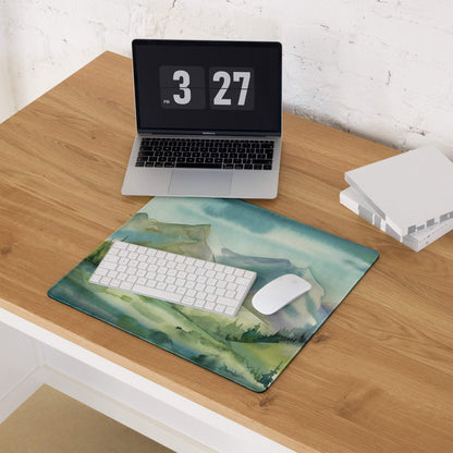 Watercolor mountain landscape large gaming mouse pad, green teal hills