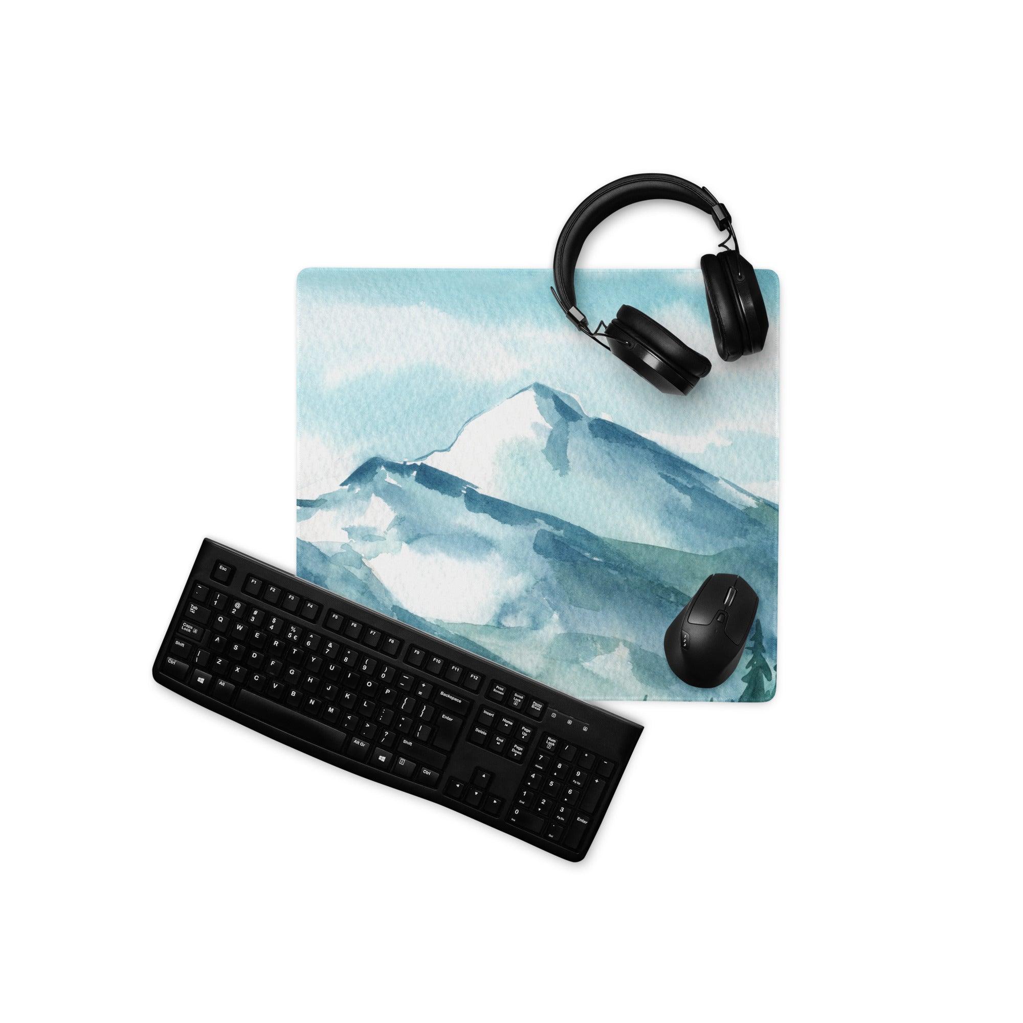 Blue watercolor mountain landscape gaming mousepad with stitching