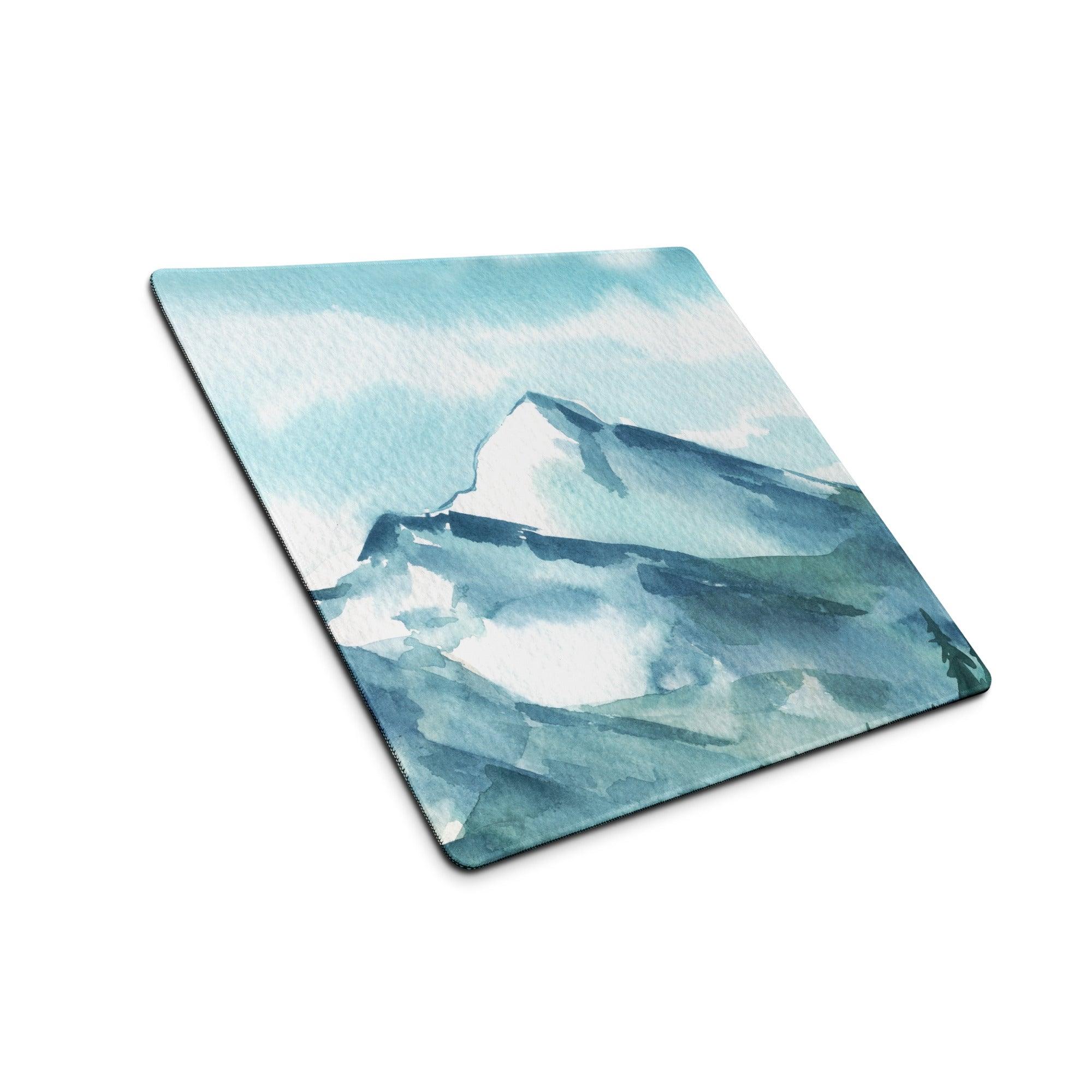 Square watercolor mountain range blue gaming mouse pad with stitching