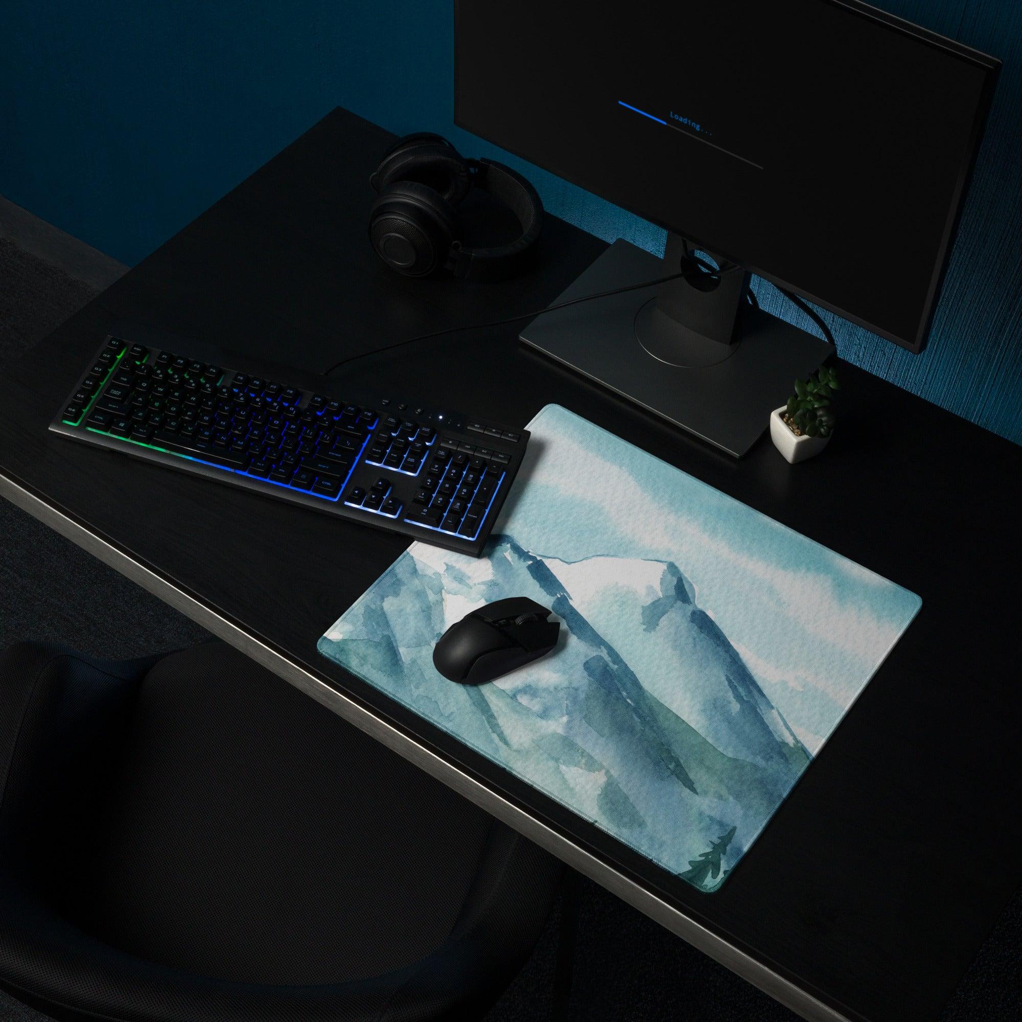 Watercolor mountain range blue gaming mouse pad with mouse on non-slip base