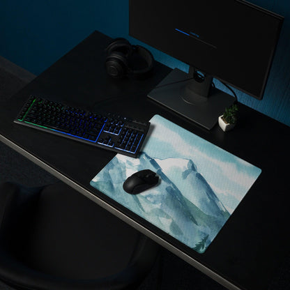 Watercolor mountain range blue gaming mouse pad with mouse on non-slip base