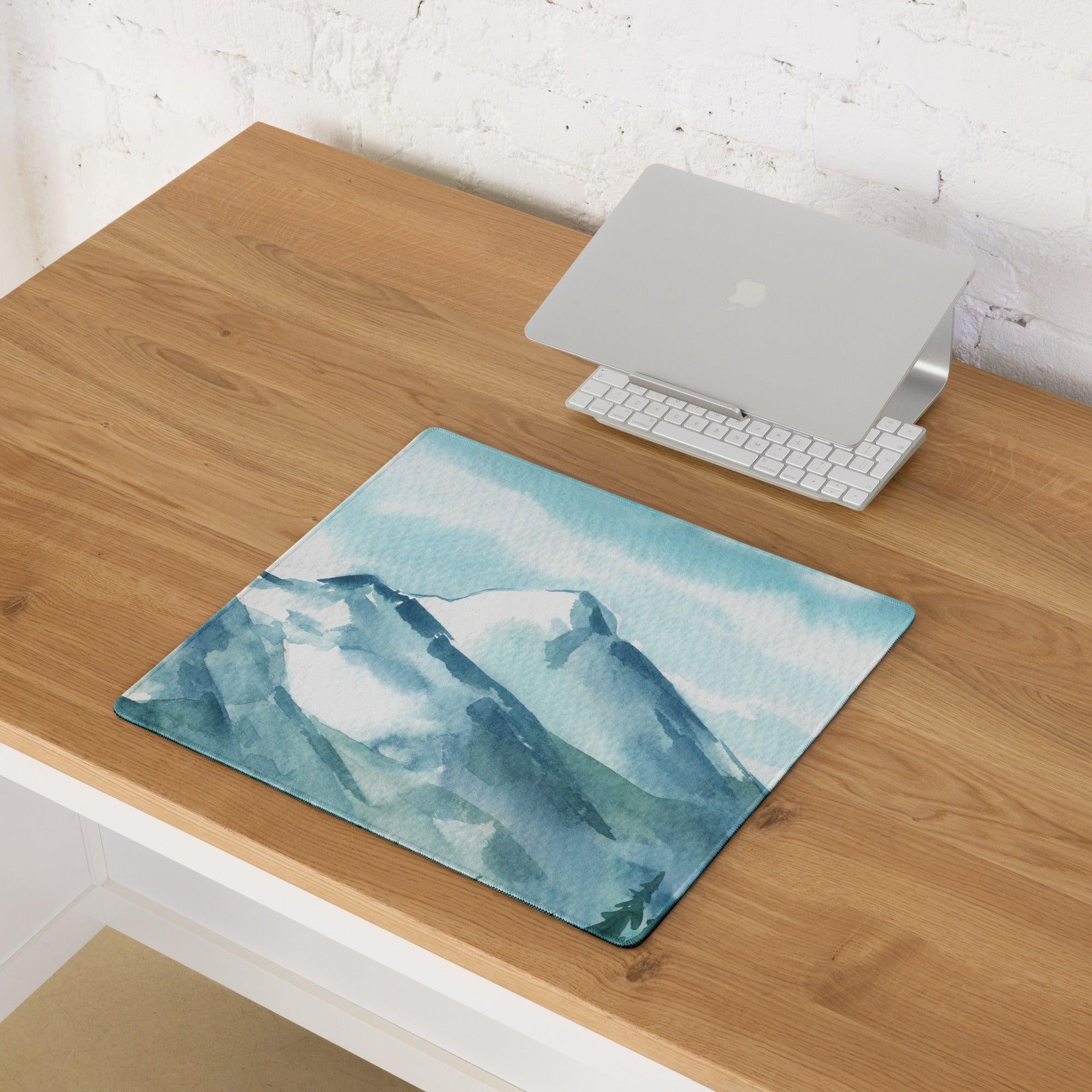 Watercolor teal mountain range gaming mouse pad with stitching and non-slip base