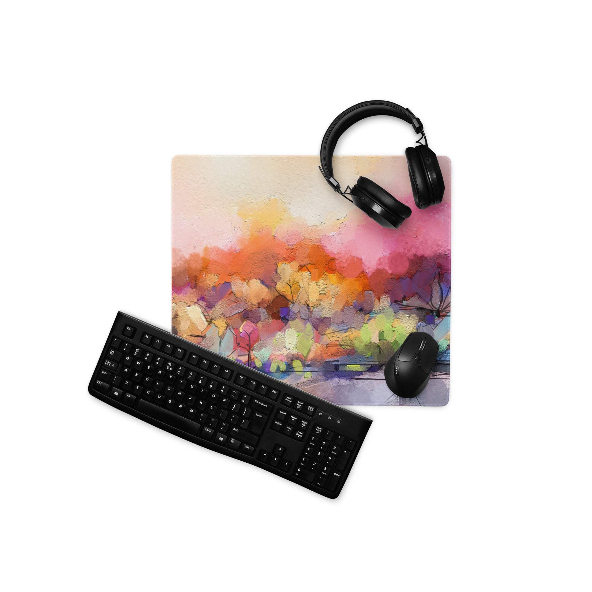 Vibrant abstract watercolor mouse pad with pink orange purple hues large gaming non-slip base