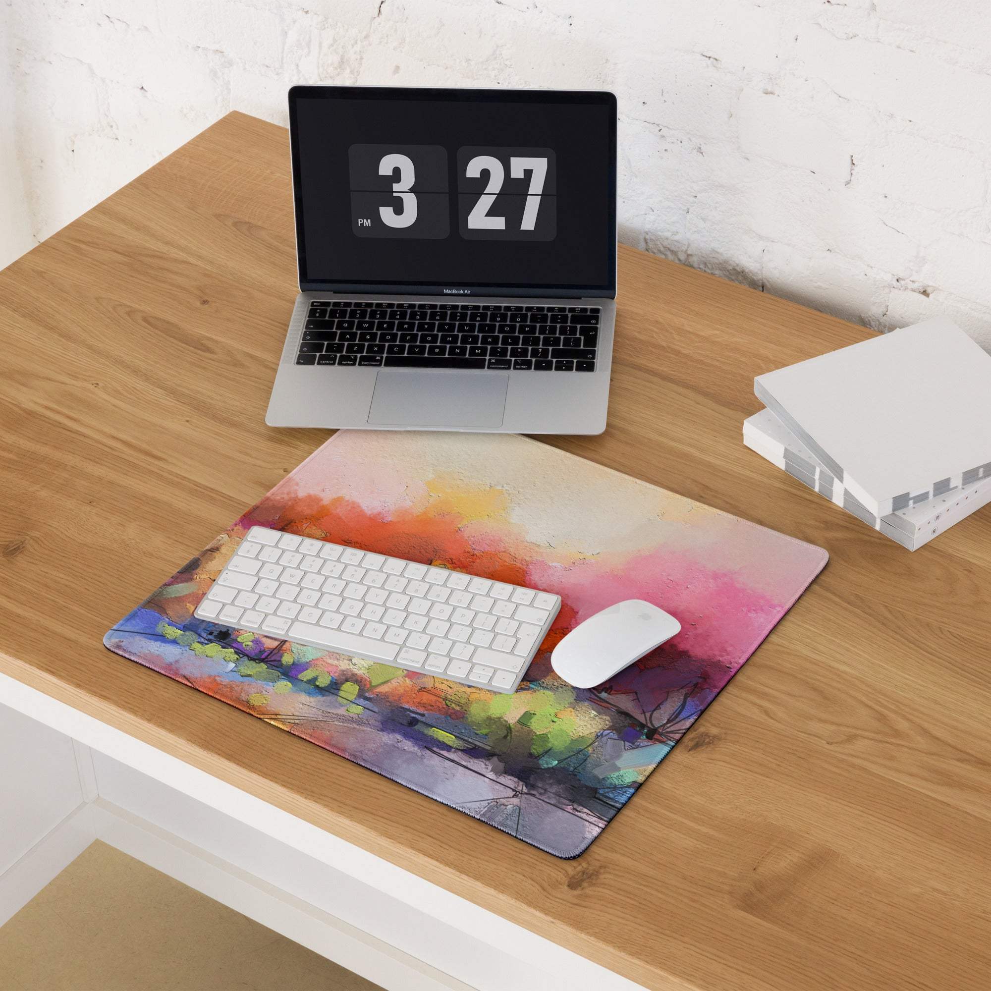 Vibrant abstract watercolor landscape gaming mousepad with white keyboard and mouse