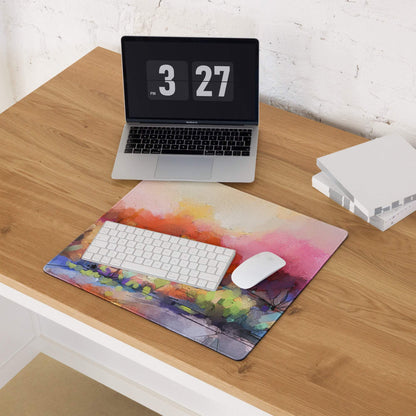 Vibrant abstract watercolor landscape gaming mousepad with white keyboard and mouse