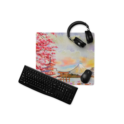 Artistic cherry blossom gaming mouse pad with Mount Fuji and torii gate