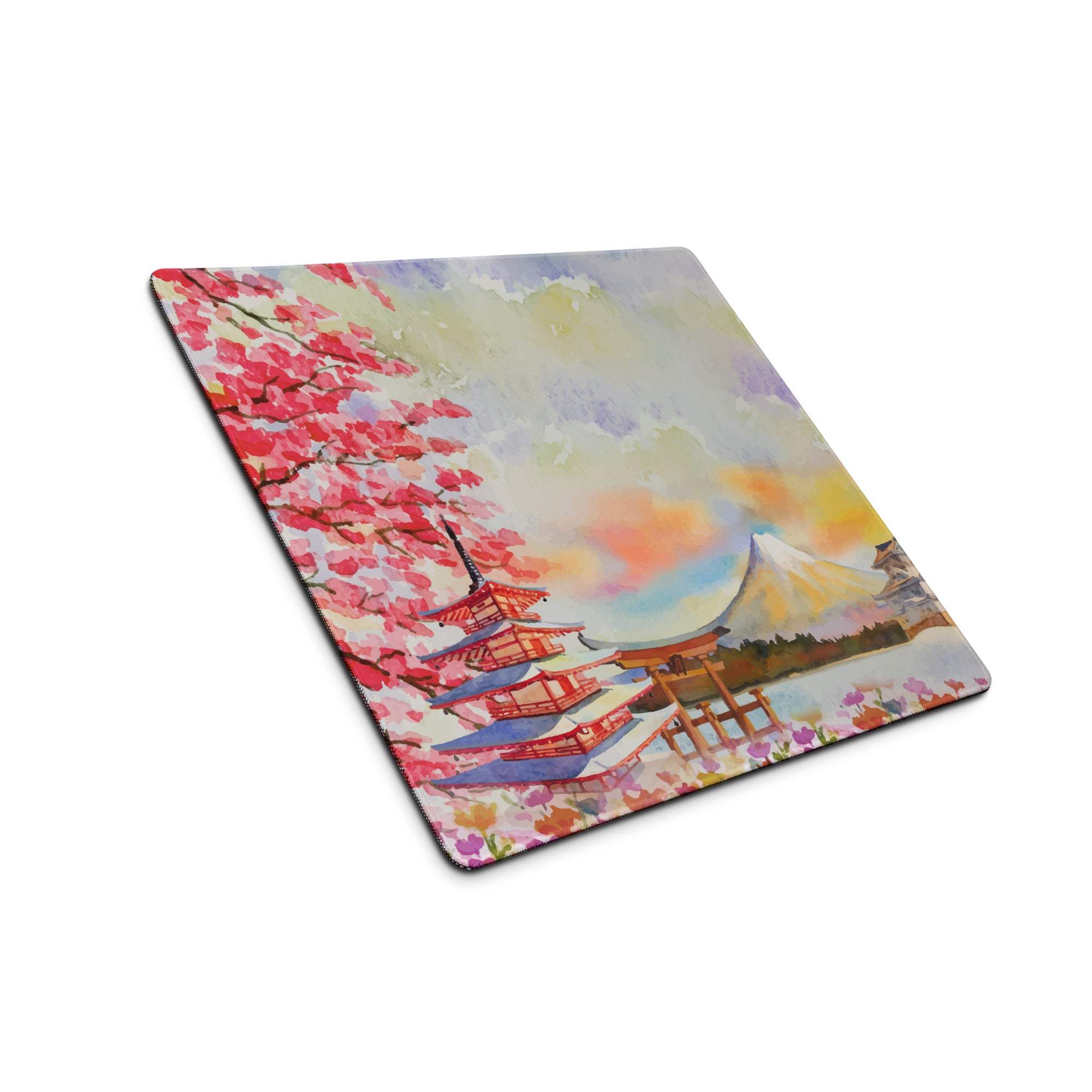 Square coaster with watercolor cherry blossoms, Mount Fuji temple on colorful sky