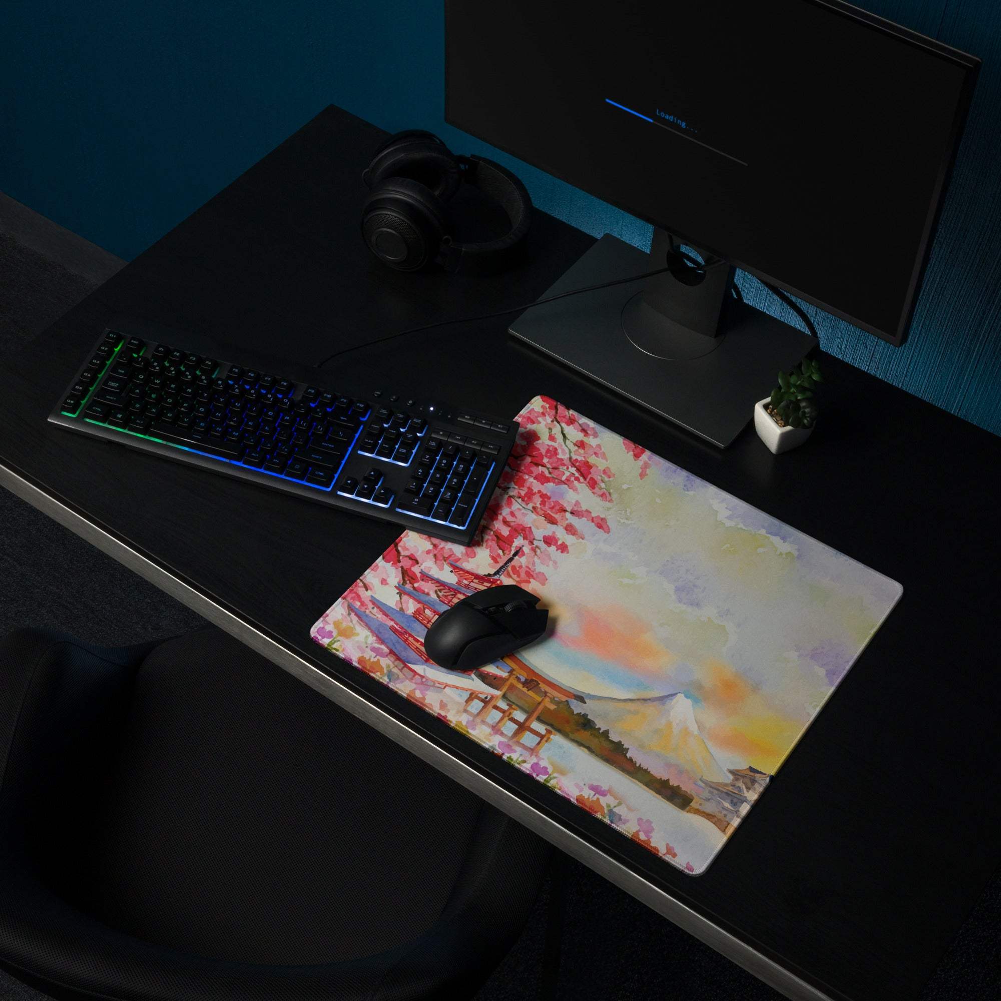 Artistic cherry blossom Mount Fuji temple gaming mouse pad