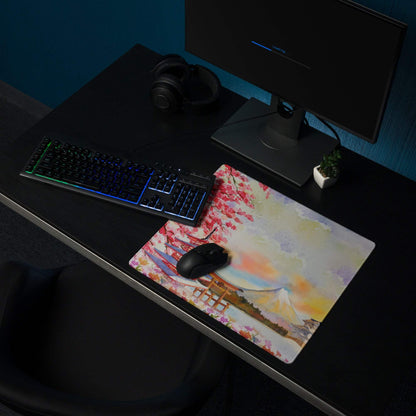 Artistic cherry blossom Mount Fuji temple gaming mouse pad