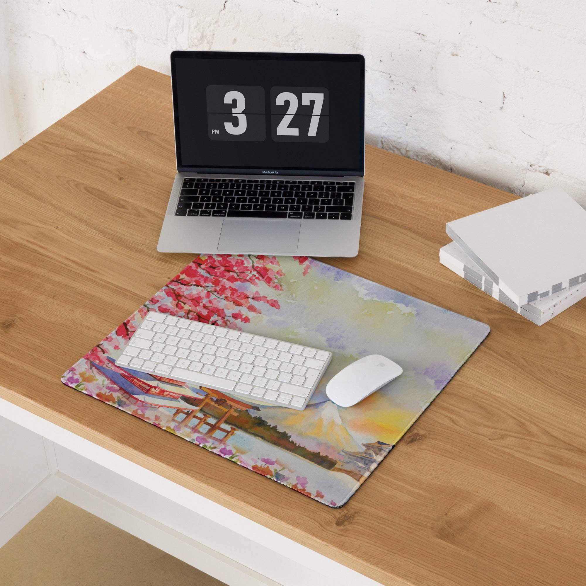 Artistic cherry blossom gaming mouse pad with Mount Fuji temple scene