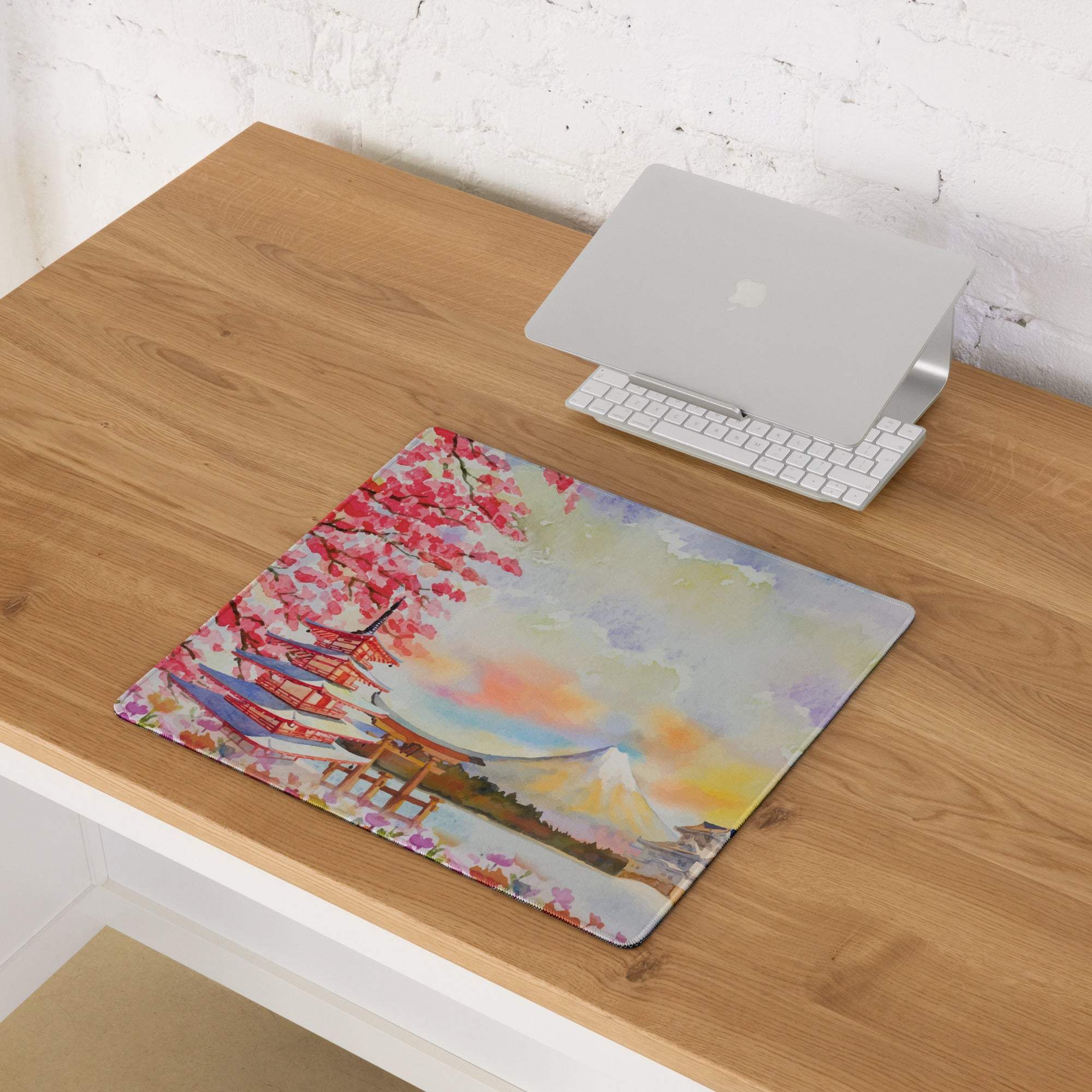 Artistic cherry blossom watercolor mouse pad with Mount Fuji pagoda